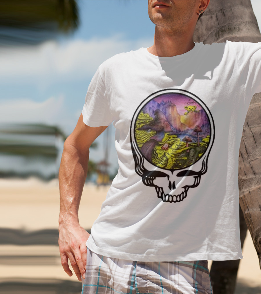 Grateful Dead Skull With Psychedelic Landscape And Mushrooms T-Shirt