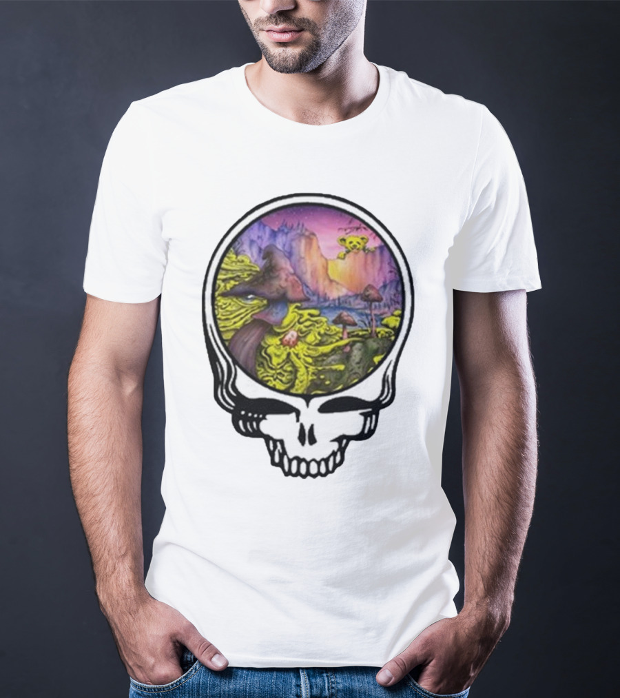 Grateful Dead Skull With Psychedelic Landscape And Mushrooms T-Shirt