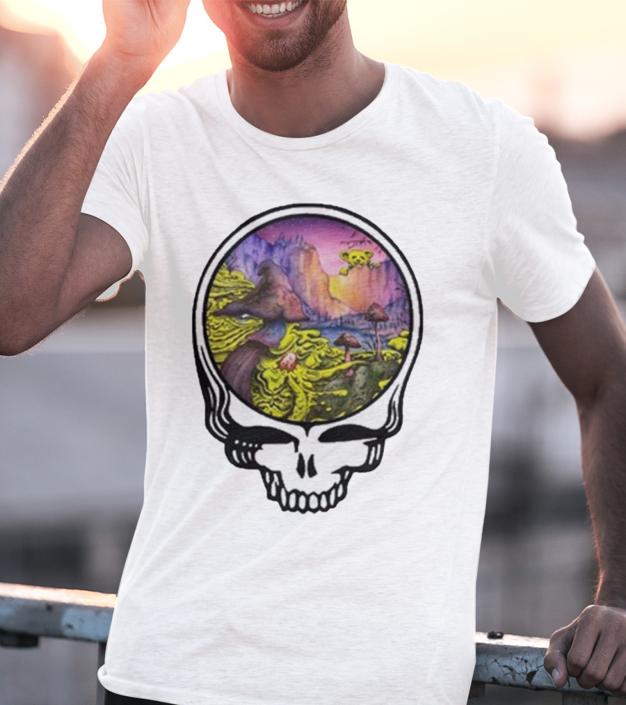 Grateful Dead Skull With Psychedelic Landscape And Mushrooms T-Shirt