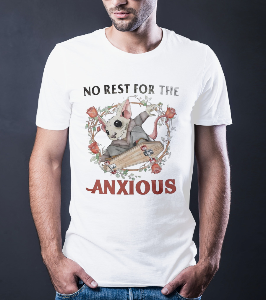 No Rest For The Anxious Rat In A Suit With Roses And Skateboard Coffin T-Shirt