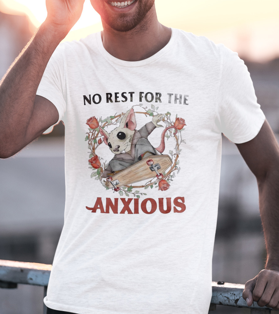 No Rest For The Anxious Rat In A Suit With Roses And Skateboard Coffin T-Shirt
