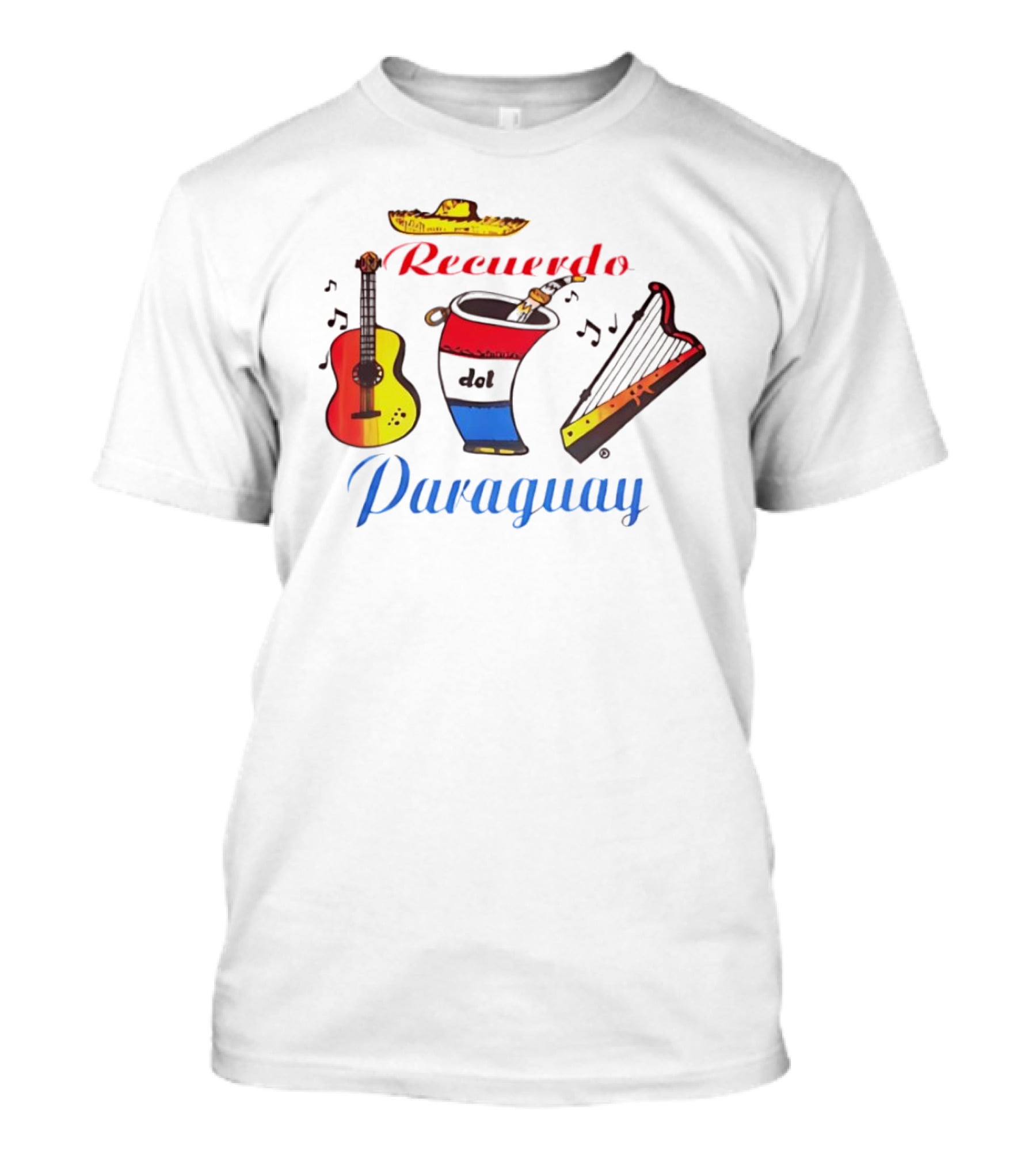 Recuerdo Del Paraguay Sombrero Guitar Mate Harp Music Notes T-Shirt