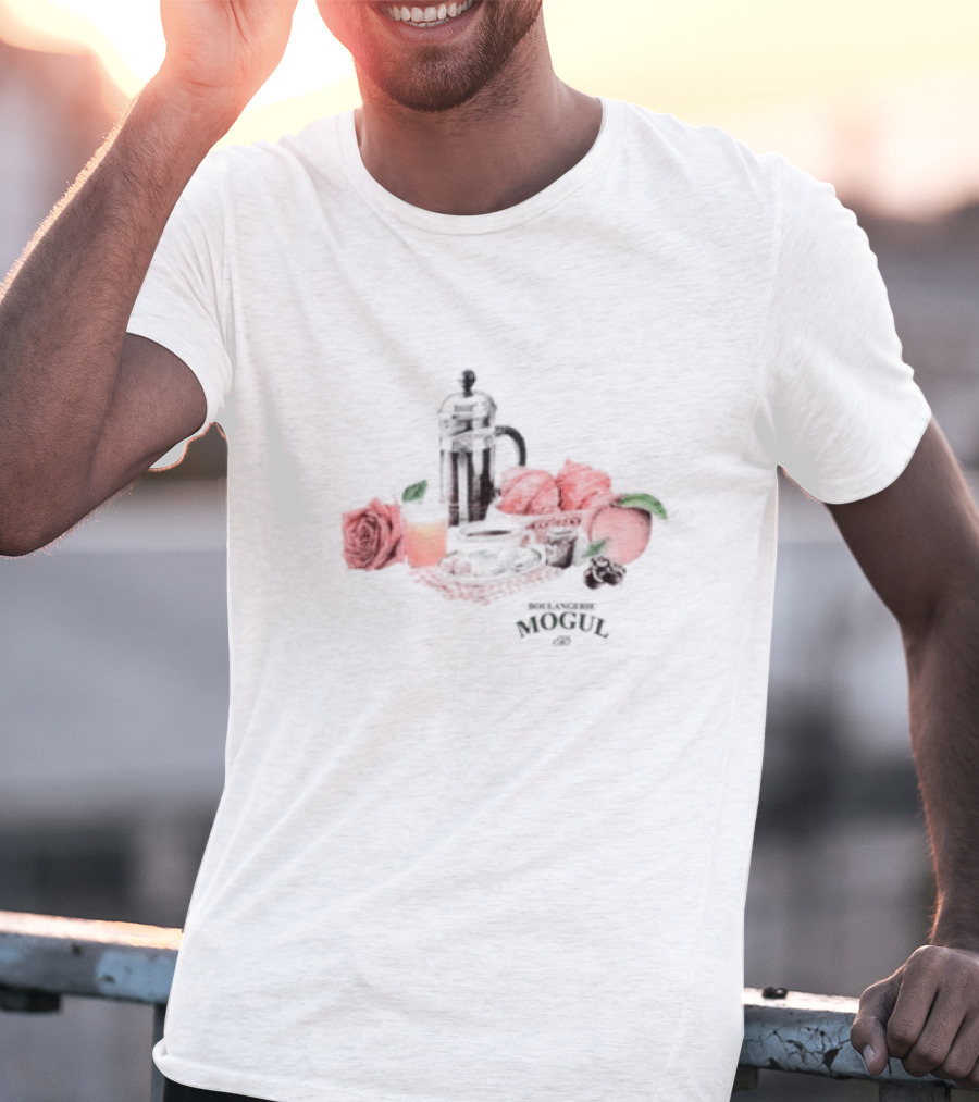 Boulangerie Mogul French Press Rose Croissant Breakfast T-Shirt