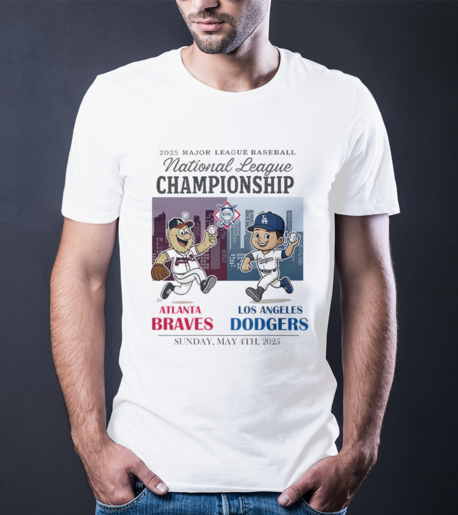 Atlanta Braves Los Angeles Dodgers National League 2025 Major League Baseball Skyline Cartoon Characters T-Shirt