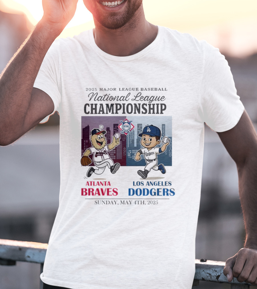 Atlanta Braves Los Angeles Dodgers National League 2025 Major League Baseball Skyline Cartoon Characters T-Shirt