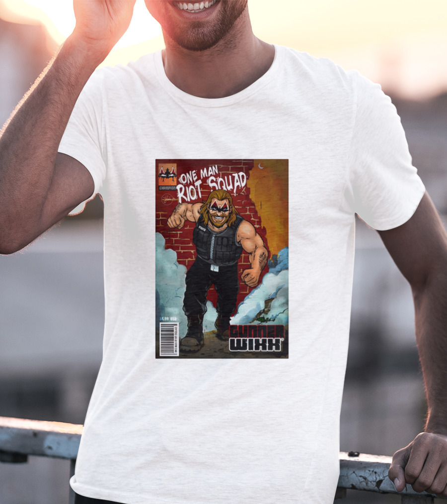 One Man Riot Squad Comic Cover Gunner Wixx Face Paint Featuring Champion Branding T-Shirt