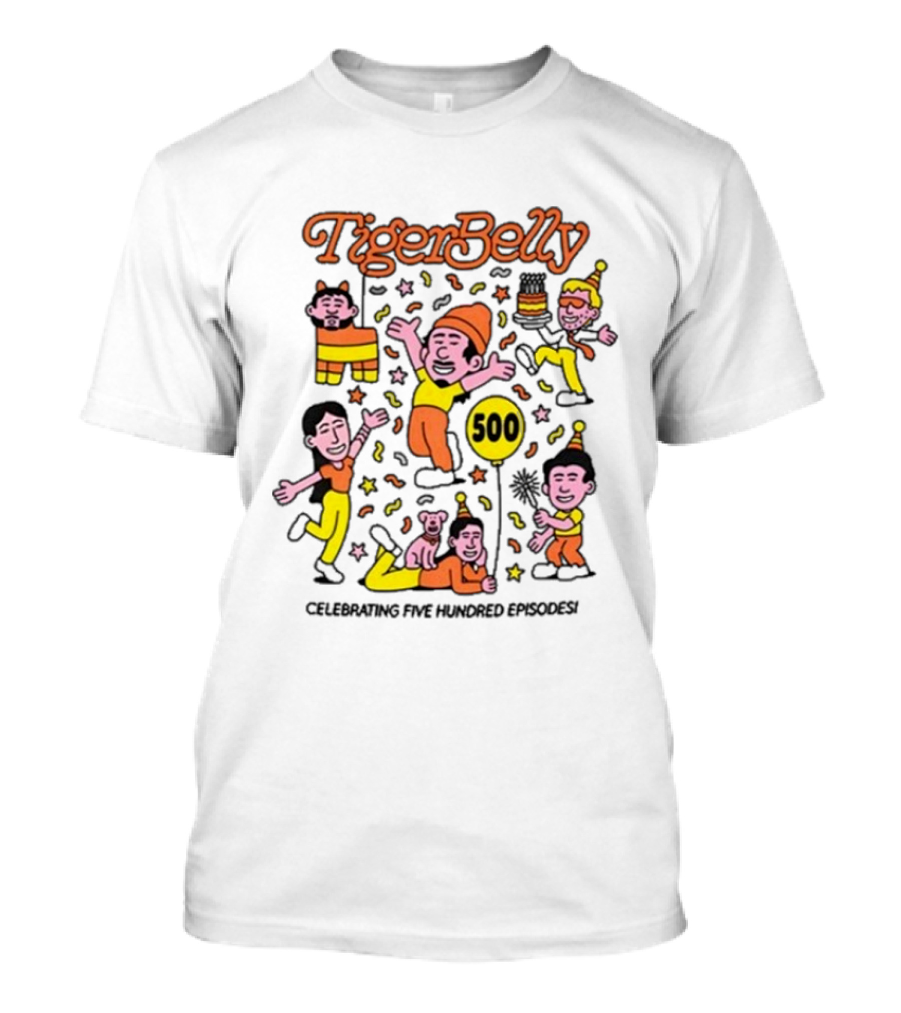 Tigerbelly 500 Episode Celebration Festive Characters And Balloon T-Shirt
