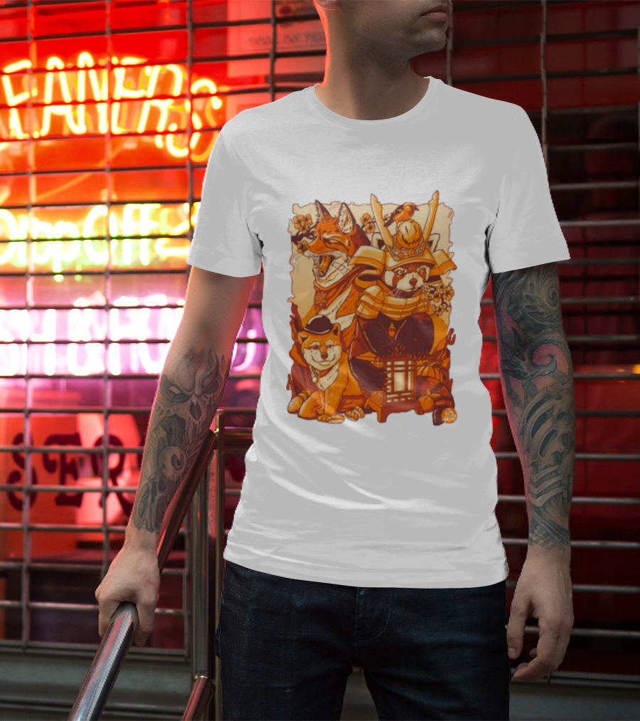 Tenhun Orange Fuzz Fox And Samurai Red Panda With Lantern T-Shirt