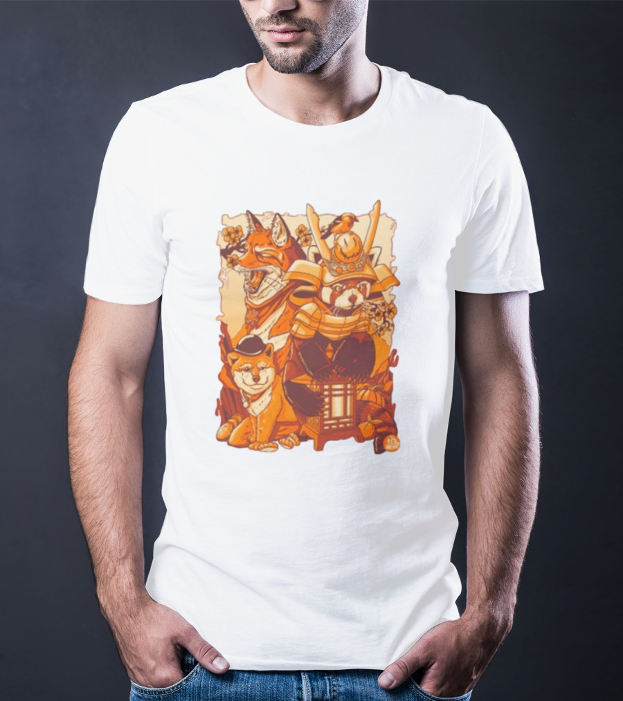 Tenhun Orange Fuzz Fox And Samurai Red Panda With Lantern T-Shirt