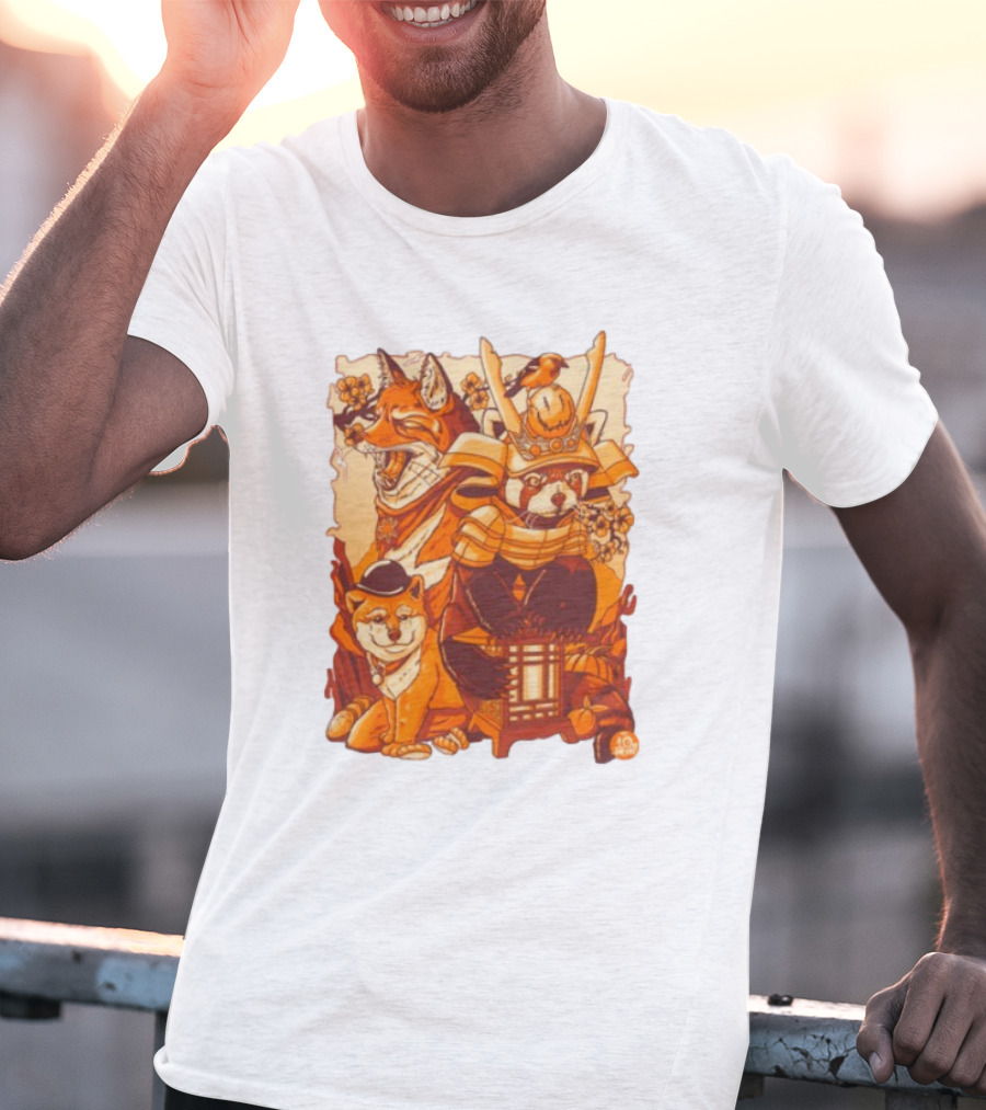 Tenhun Orange Fuzz Fox And Samurai Red Panda With Lantern T-Shirt