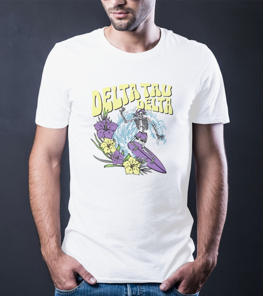 Delta Tau Delta Ride The Wave Skeleton Surfing With Floral Accents T-Shirt