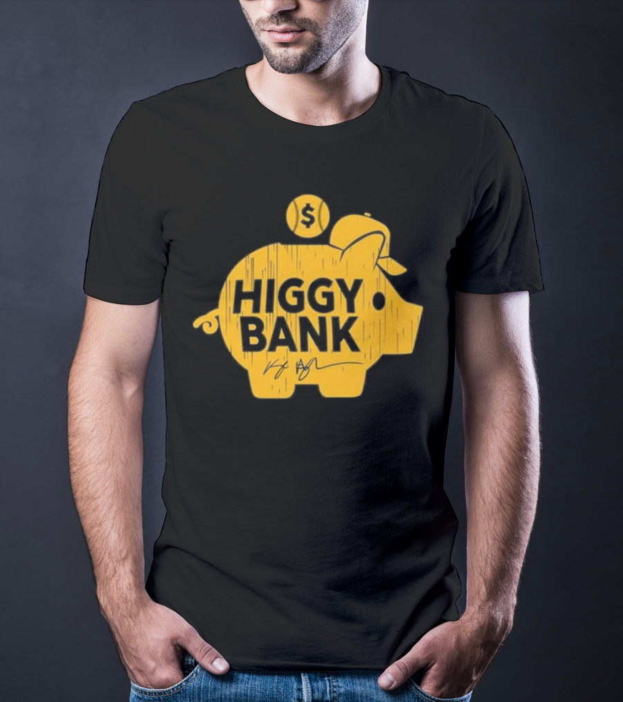 Higgy Bank Piggy Bank Graphic Baseball Theme With Signature And Dollar Sign T-Shirt