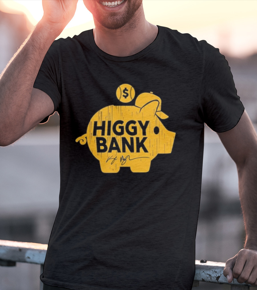 Higgy Bank Piggy Bank Graphic Baseball Theme With Signature And Dollar Sign T-Shirt