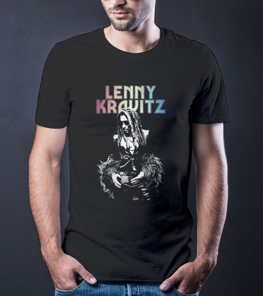 Lenny Kravitz Monochrome Portrait With Rainbow Letters T-Shirt