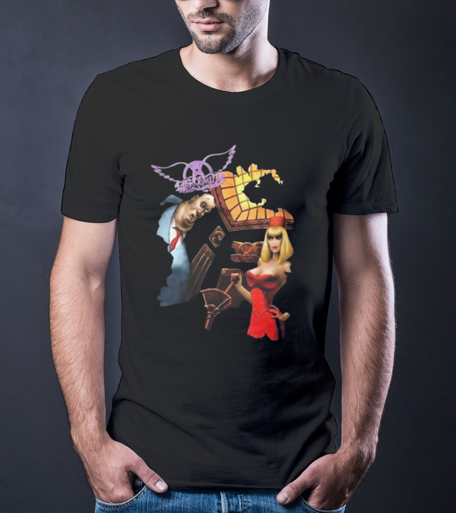 Aerosmith Love In An Elevator Cartoon Artwork With Woman In Red Dress And Man In Suit T-Shirt