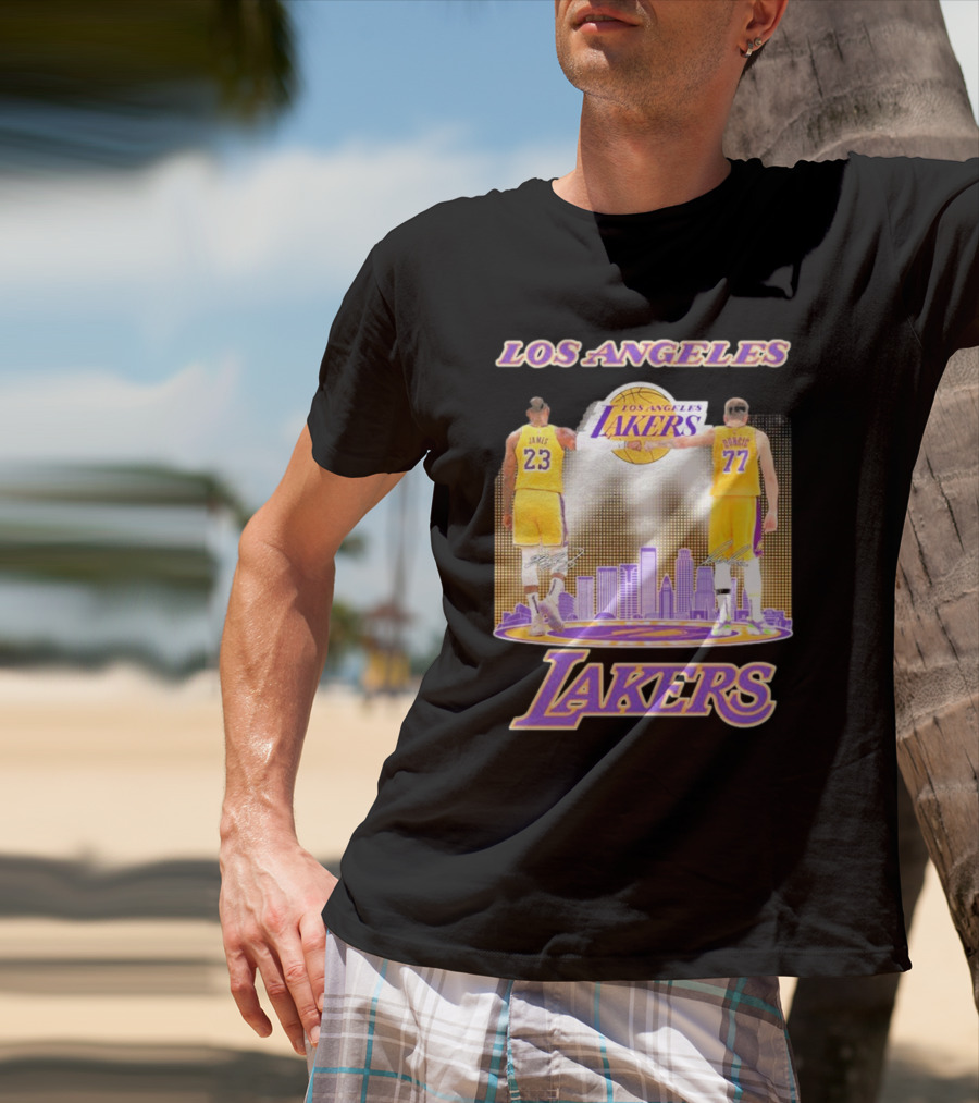 Los Angeles Lakers Luka Doncic Lebron James 23 77 City Skyline T-Shirt