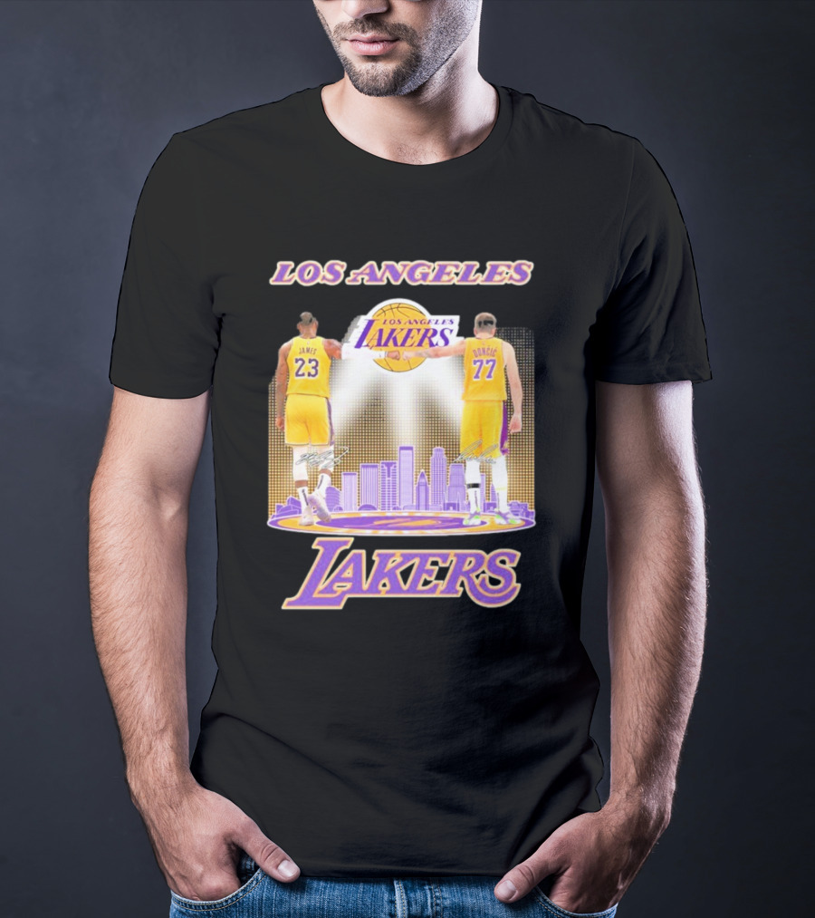 Los Angeles Lakers Luka Doncic Lebron James 23 77 City Skyline T-Shirt