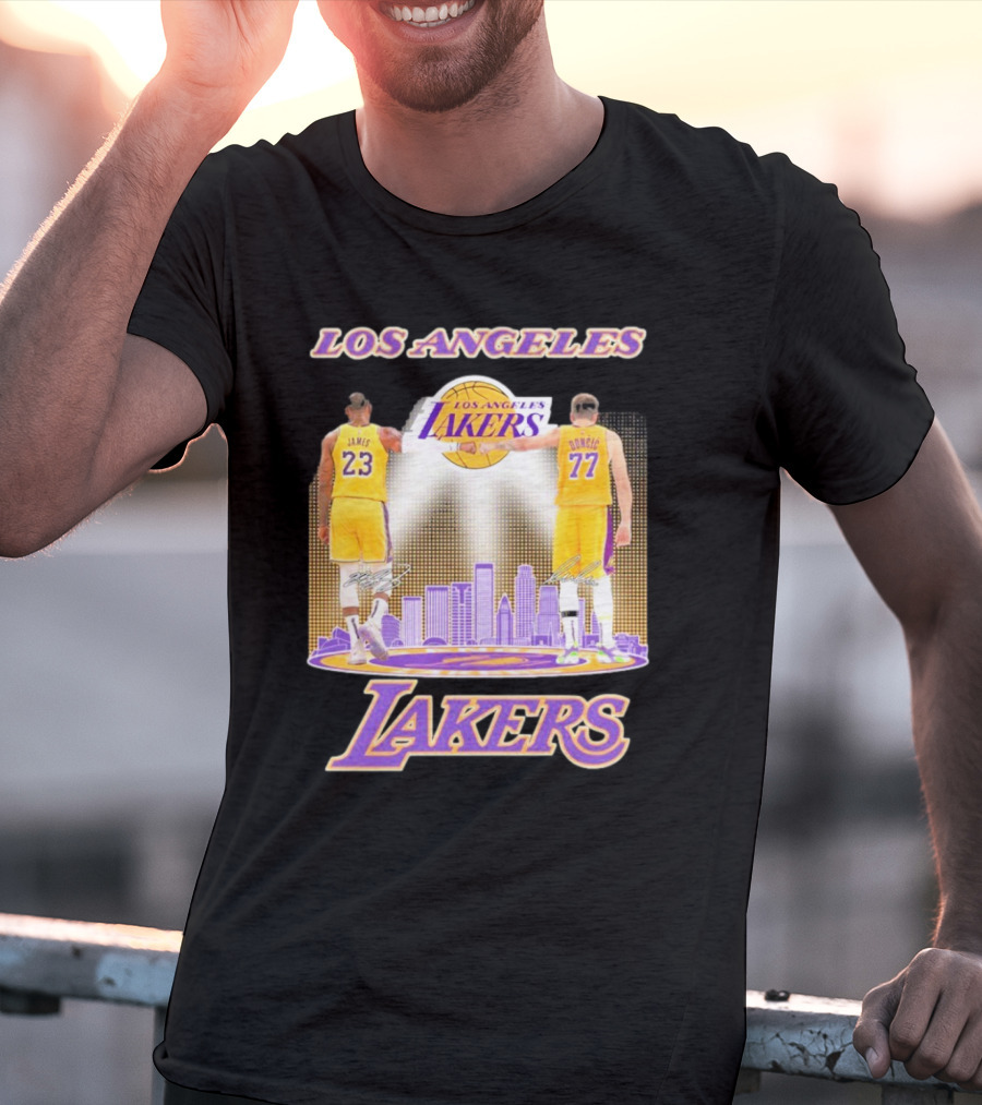 Los Angeles Lakers Luka Doncic Lebron James 23 77 City Skyline T-Shirt