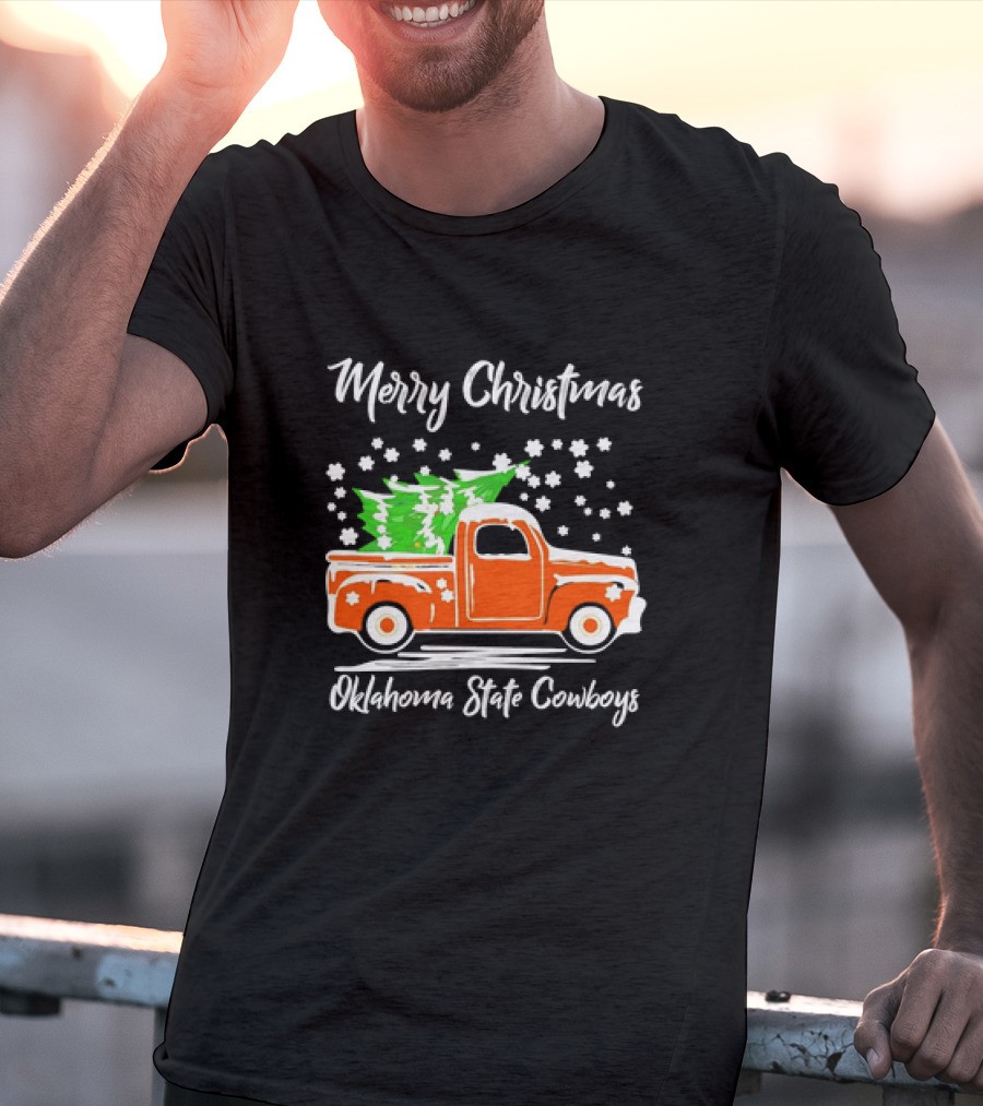 Merry Christmas Oklahoma State Cowboys Orange Truck Snowflakes Green Trees T-Shirt