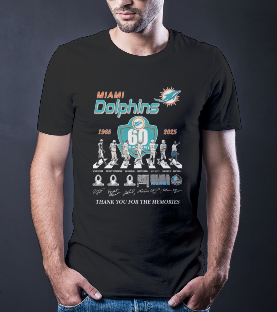 Miami Dolphins 60 Seasons 1965-2025 Thank You For The Memories Signatures T-Shirt