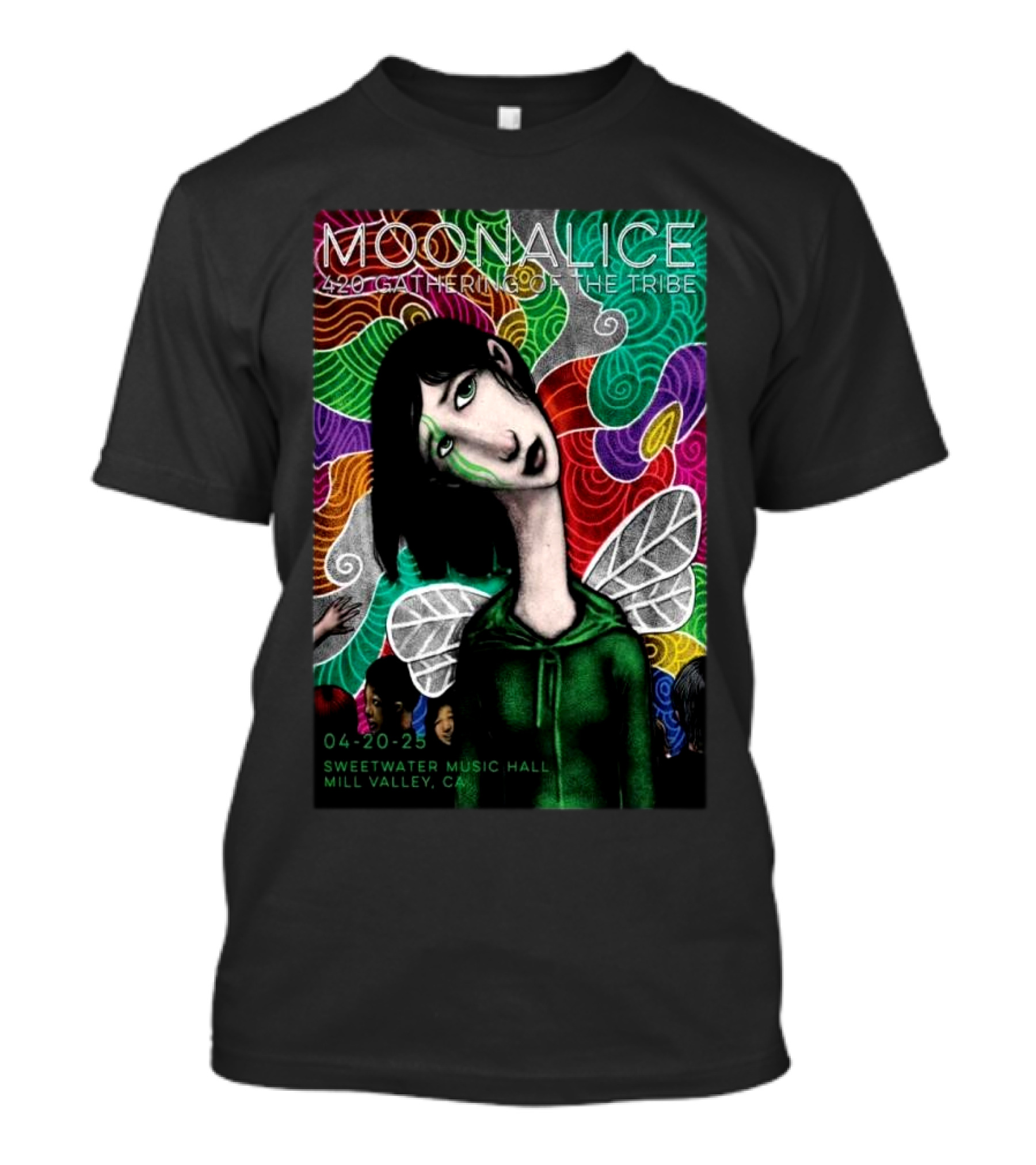 MOONALICE 420 Gathering Of The Tribe 04-20-2025 Sweetwater Music Hall Mill Valley CA Colorful Psychedelic Art With Winged Character T-Shirt