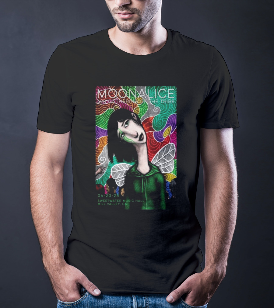 MOONALICE 420 Gathering Of The Tribe 04-20-2025 Sweetwater Music Hall Mill Valley CA Colorful Psychedelic Art With Winged Character T-Shirt