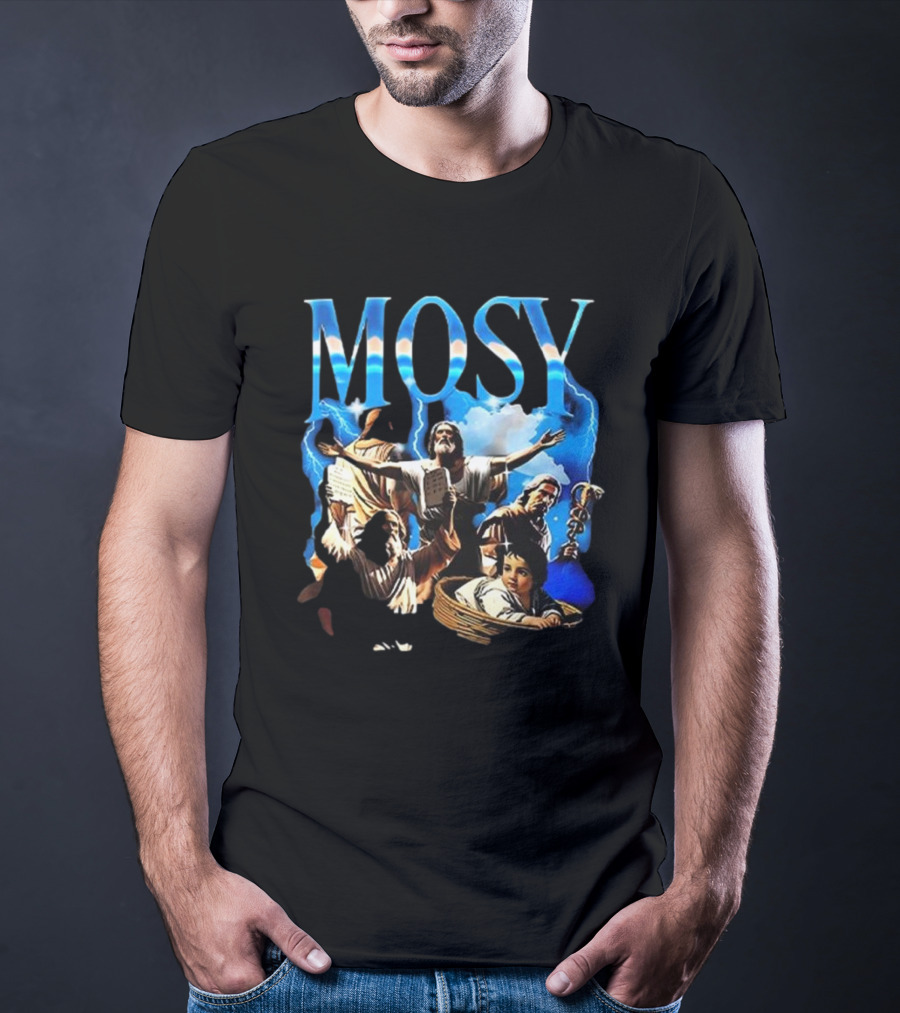 Mosy Moses Biblical Imagery With Lightning Clouds And Figures T-Shirt