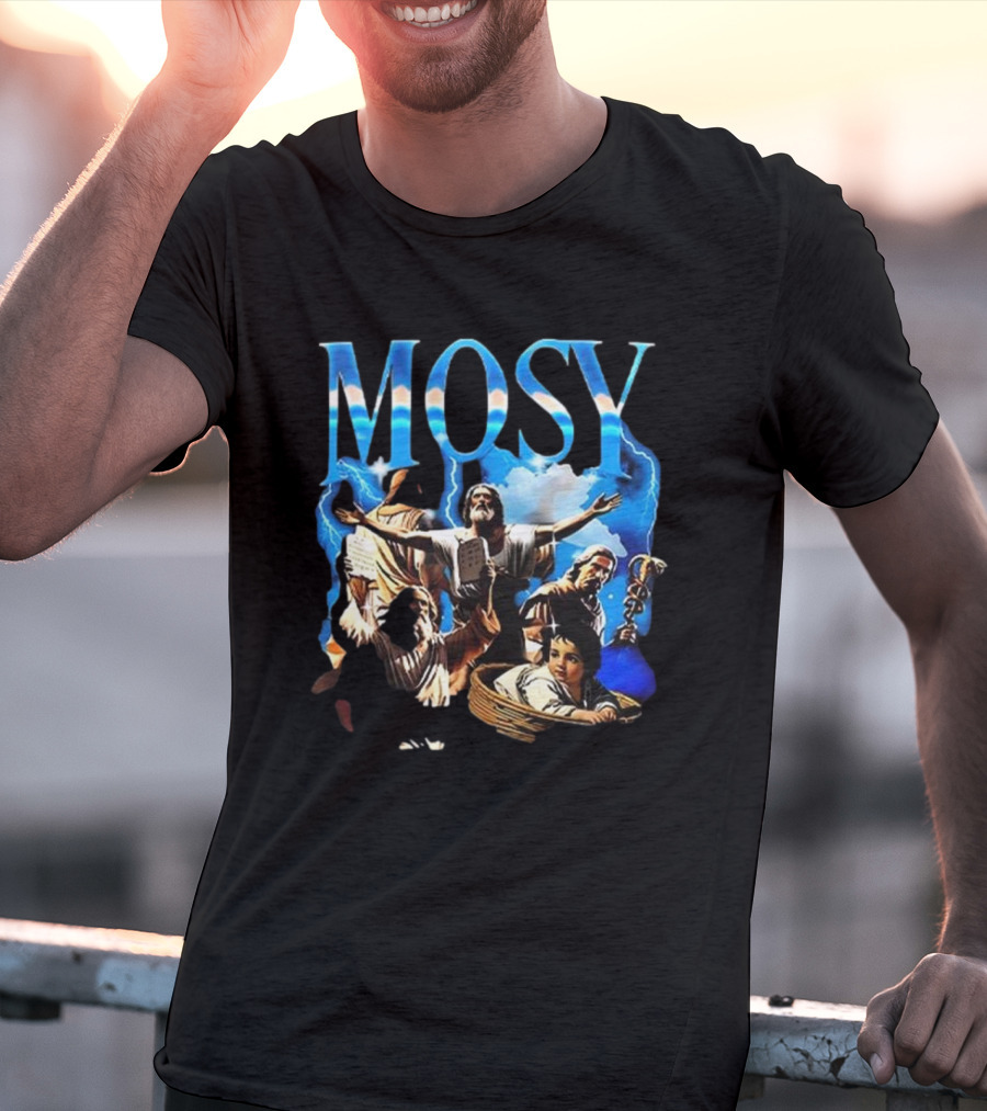Mosy Moses Biblical Imagery With Lightning Clouds And Figures T-Shirt