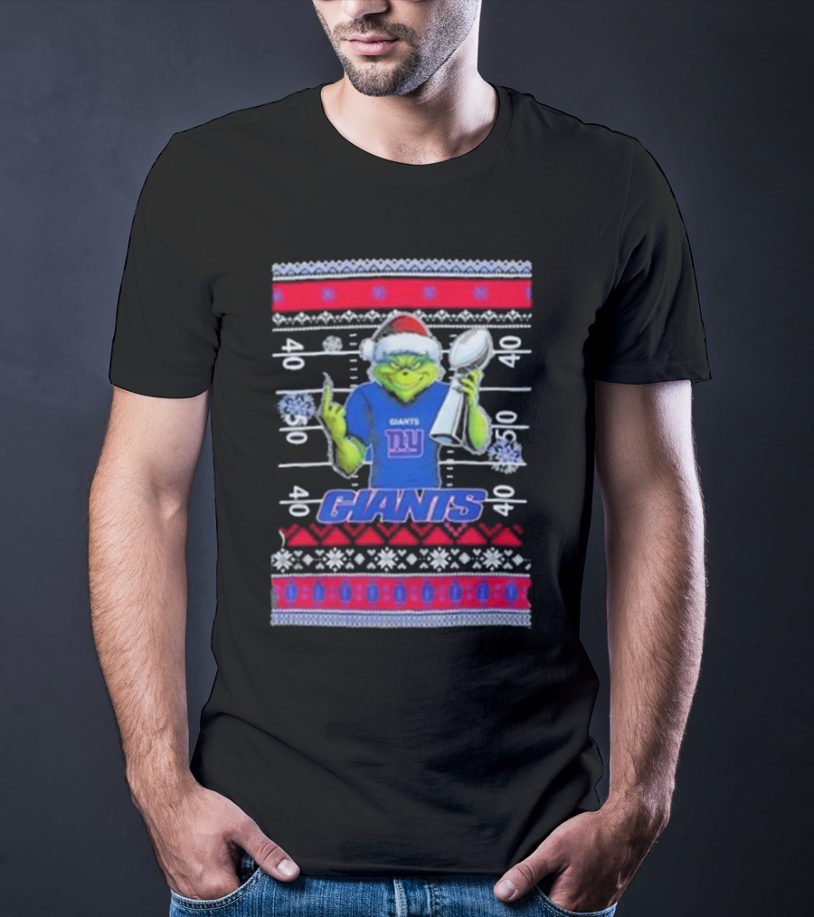 New York Giants Grinch Christmas With Lombardi Trophy Ugly Sweater T-Shirt