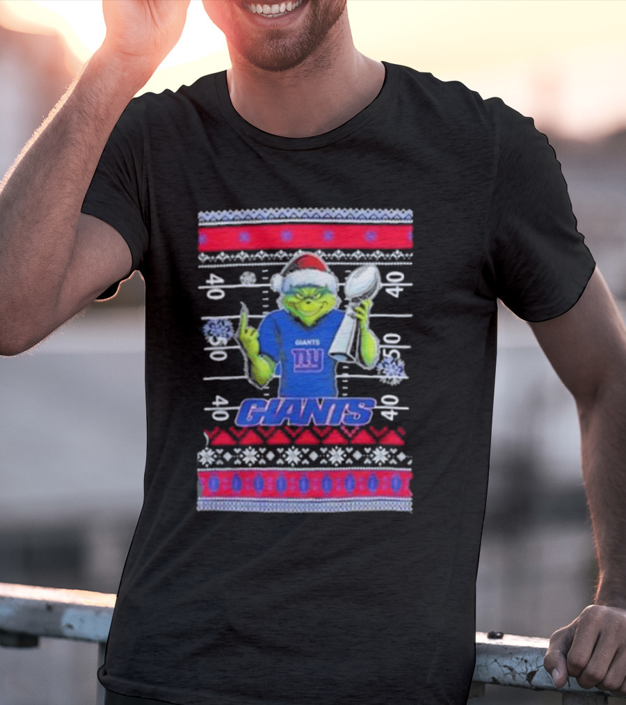 New York Giants Grinch Christmas With Lombardi Trophy Ugly Sweater T-Shirt