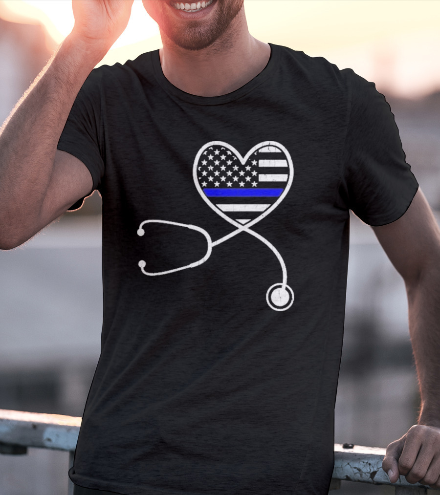 Nurse Life Police Wife American Flag Heart Stethoscope Blue Line T-Shirt