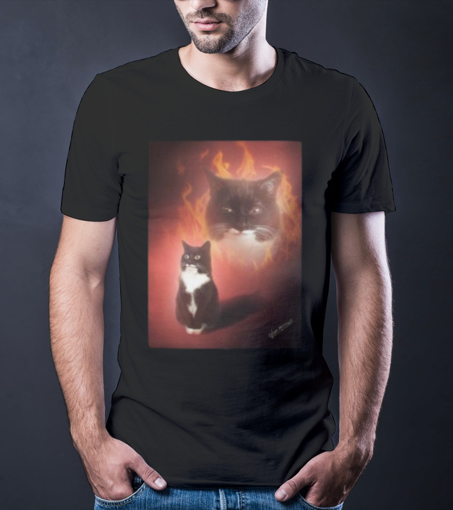Olan Meows Black And White Cat Flames Retro Theme T-Shirt