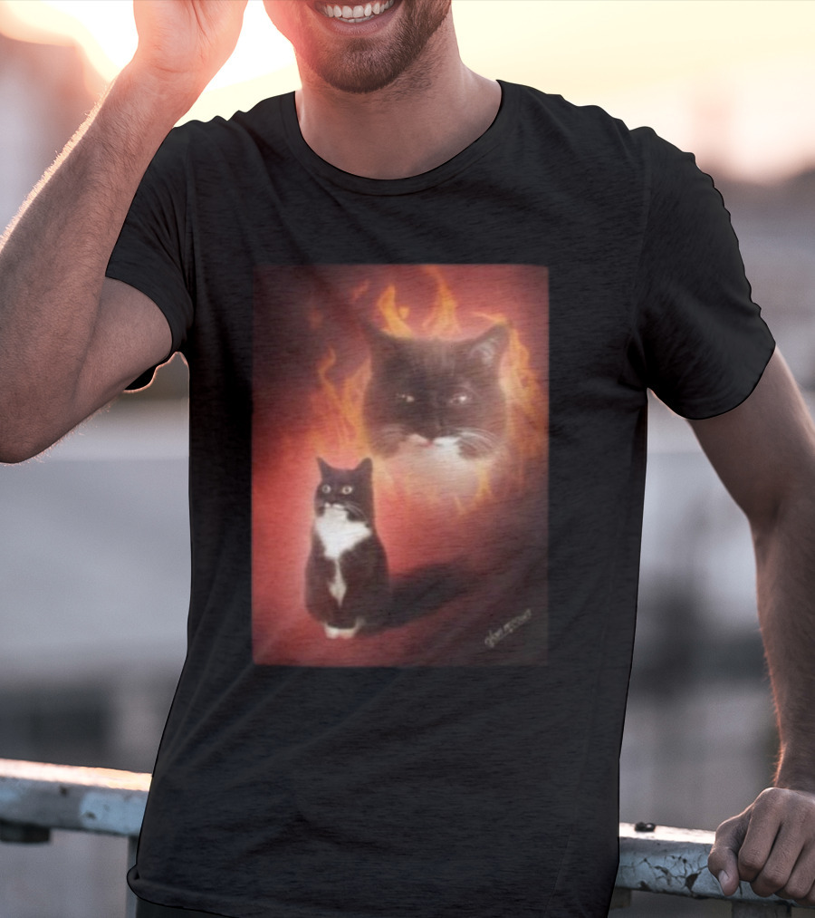 Olan Meows Black And White Cat Flames Retro Theme T-Shirt