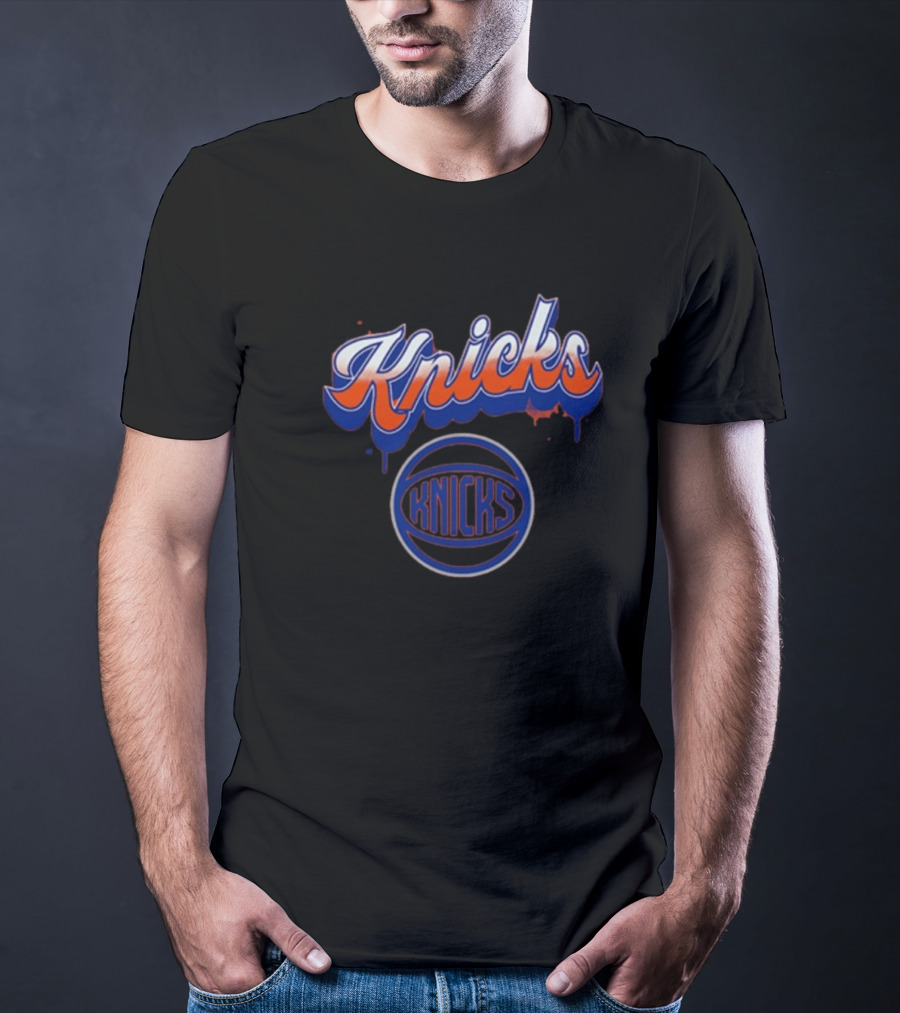 New York Knicks Orange Blue Bubbly Script Basketball Emblem T-Shirt