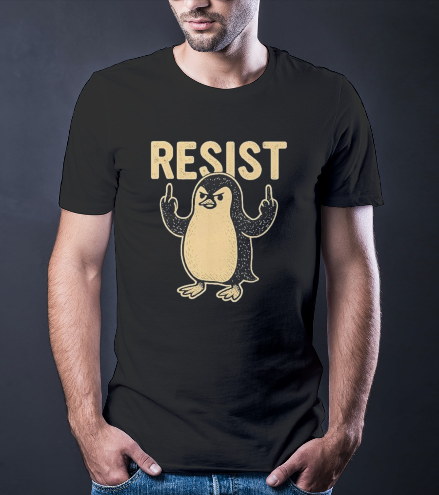 Resist Penguin Middle Finger Protest Symbol T-Shirt