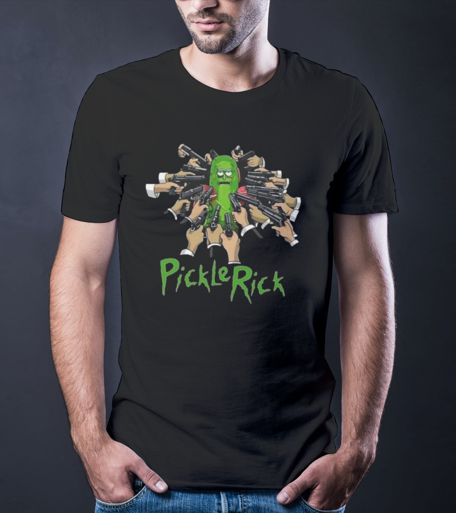 Pickle Rick Surrounded By Guns John Wick Baba Yaga Style T-Shirt