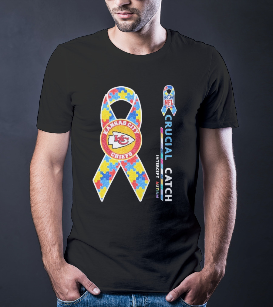 Kansas City Chiefs NFL Puzzle Ribbon Autism Awareness Crucial Catch T-Shirt
