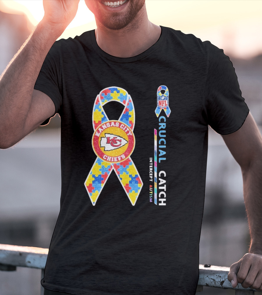 Kansas City Chiefs NFL Puzzle Ribbon Autism Awareness Crucial Catch T-Shirt