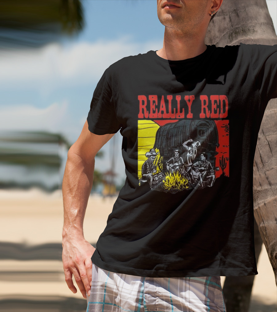 Really Red Cow Punks Campfire Scene With Musical Cowboys And Wagon T-Shirt
