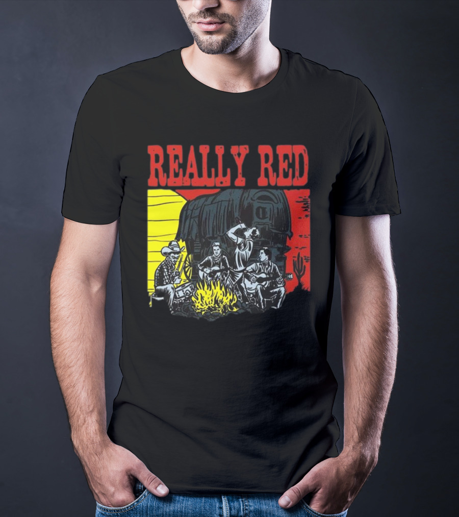 Really Red Cow Punks Campfire Scene With Musical Cowboys And Wagon T-Shirt