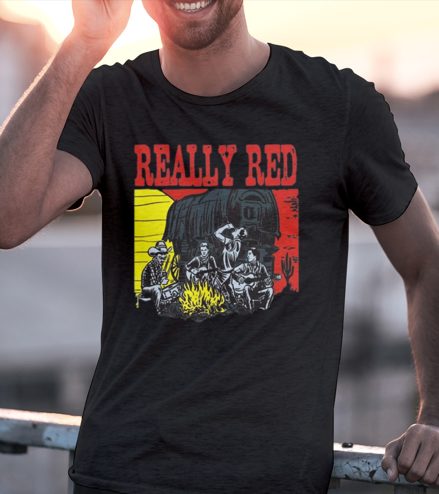 Really Red Cow Punks Campfire Scene With Musical Cowboys And Wagon T-Shirt