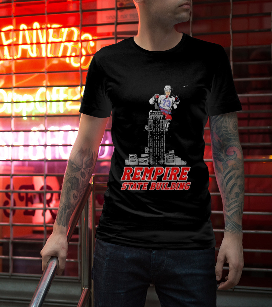Rempire State Building Red And Blue Hockey Player Skyscraper Concept T-Shirt