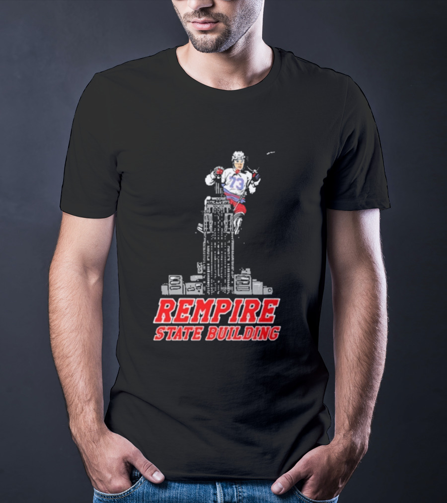 Rempire State Building Red And Blue Hockey Player Skyscraper Concept T-Shirt