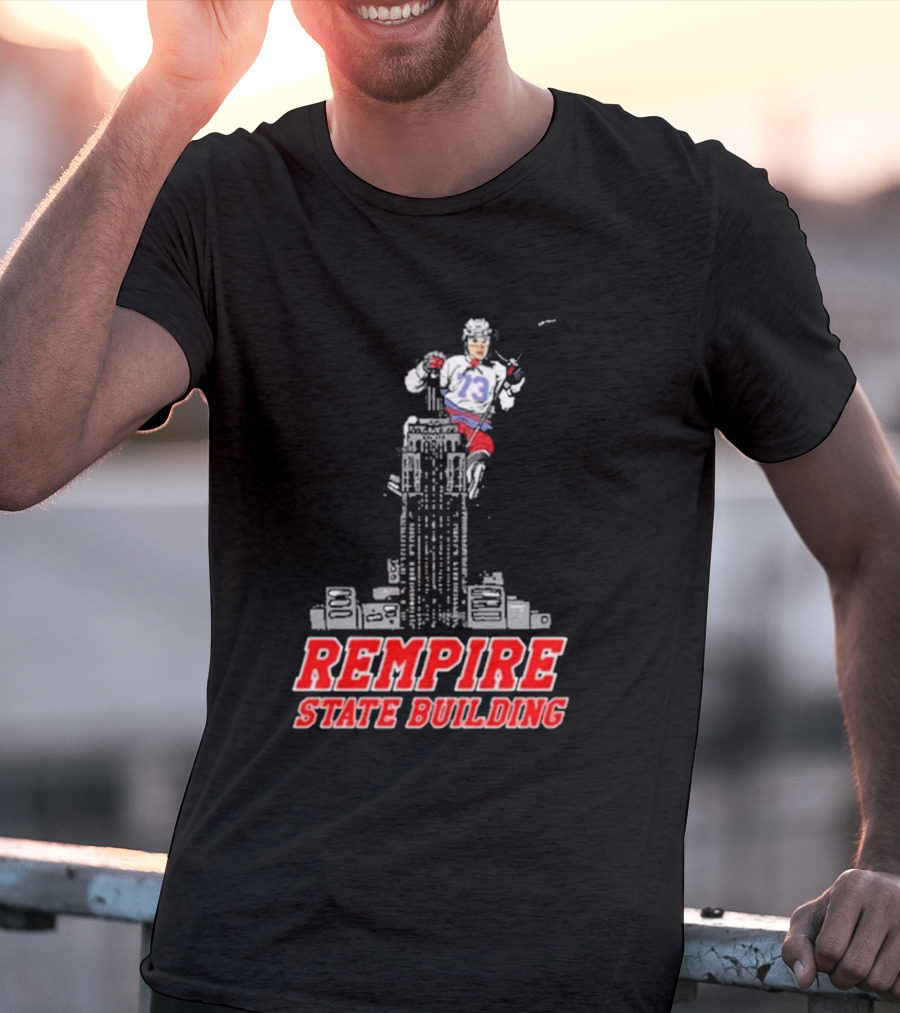 Rempire State Building Red And Blue Hockey Player Skyscraper Concept T-Shirt