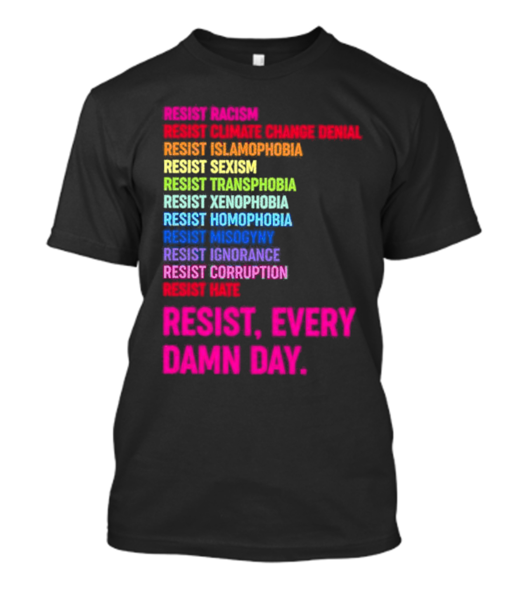 Resist Misogyny Racism Sexism Transphobia Homophobia Inequality Corruption Fear Every Damn Day T-Shirt