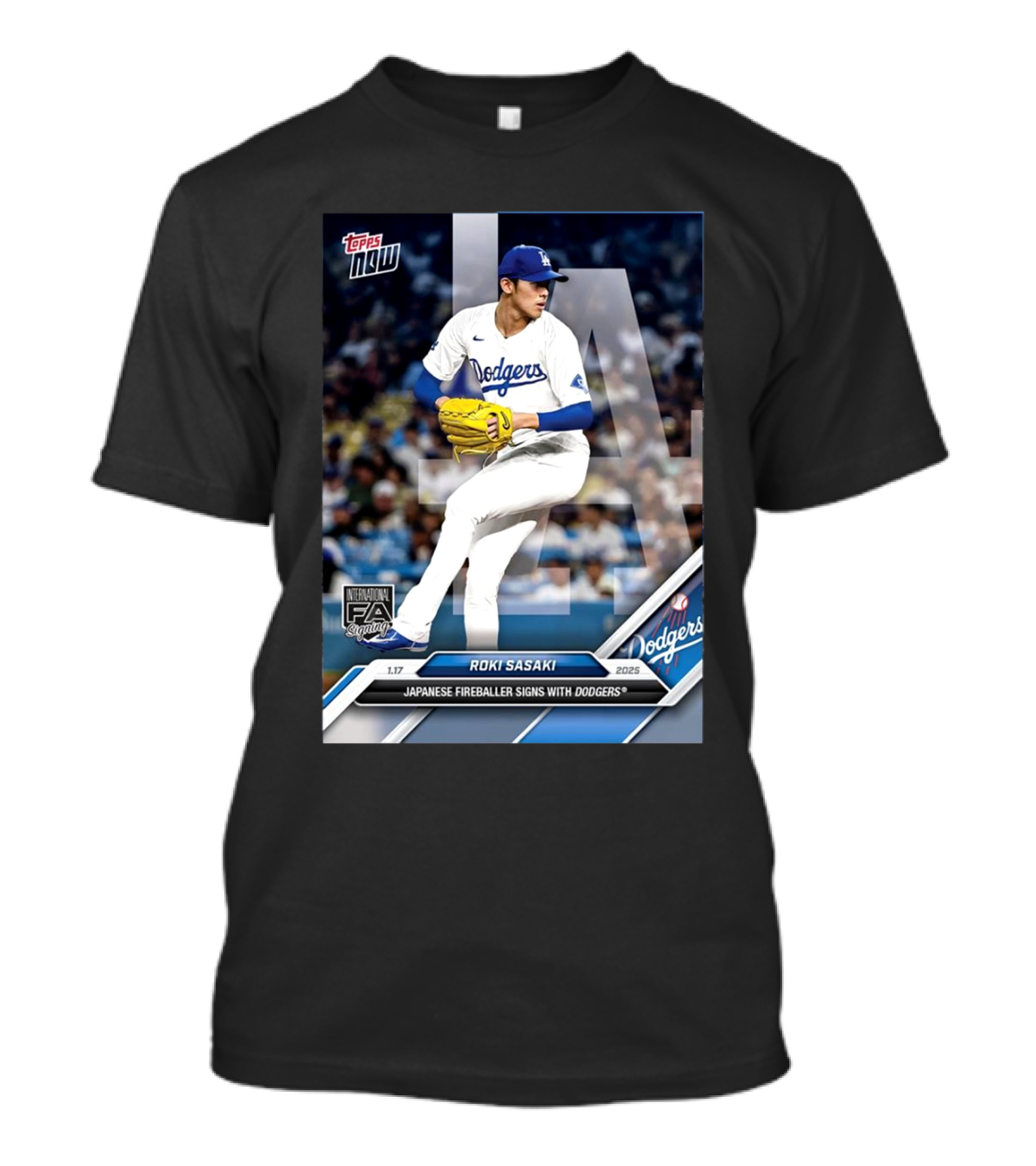 Topps Now Roki Sasaki 2025 International FA Signing Dodgers T-Shirt