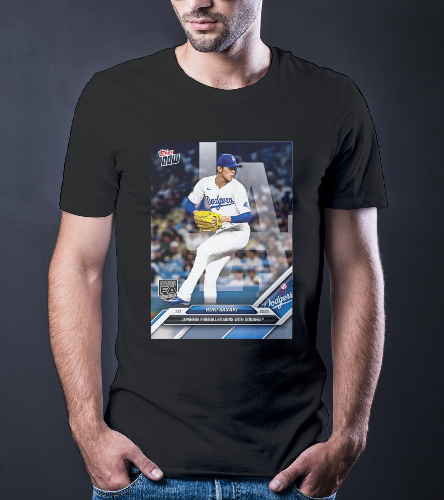 Topps Now Roki Sasaki 2025 International FA Signing Dodgers T-Shirt