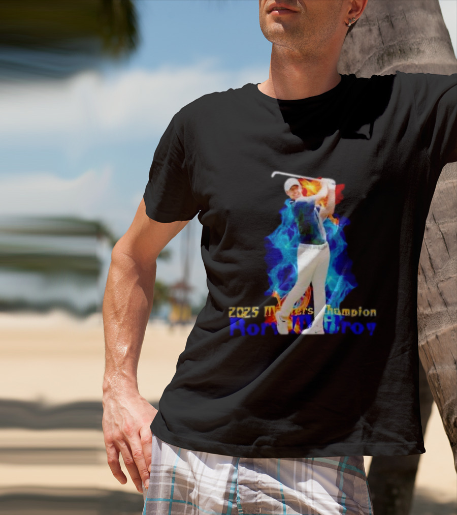 Rory McIlroy 2025 Masters Champion Golf Swing With Fire And Blue Flame Background T-Shirt
