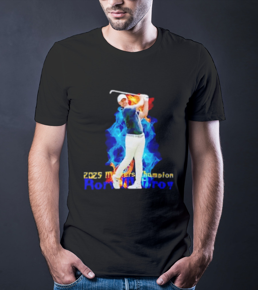 Rory McIlroy 2025 Masters Champion Golf Swing With Fire And Blue Flame Background T-Shirt