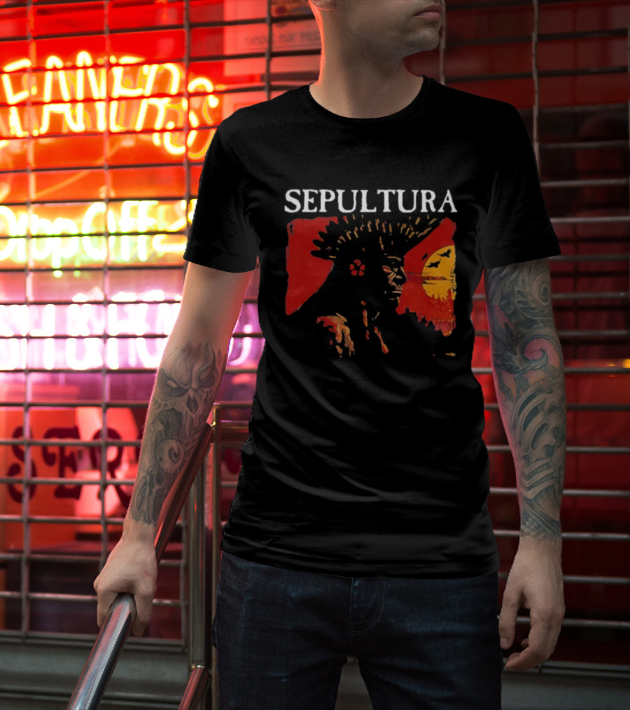 Sepultura Celebrating Life Through Death Black Sunburst And Sunset Scene T-Shirt